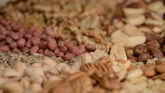 Nuts mix in a canvas bag in table.