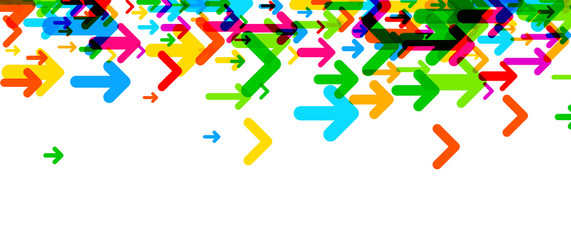 White banner with colorful arrows.