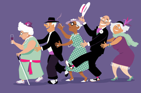 Group of active seniors dressed in retro fashion dancing conga line, EPS 8 vector illustration