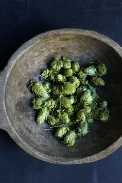 Overhead view of hops in a bowl