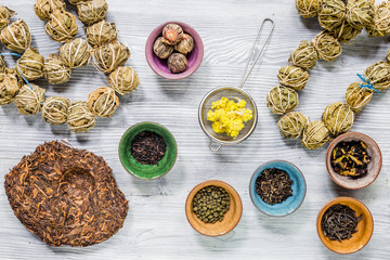 Drink herbal tea with brew gray wooden table background top view