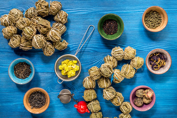 Drink herbal tea with brew blue wooden table background top view