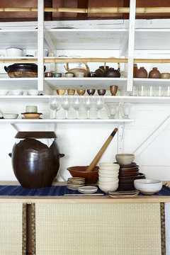 Kitchen shelves with Asian dishes