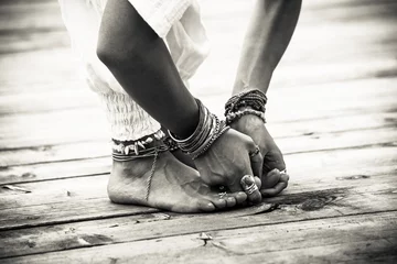Poster closeup of woman feet and hands in yoga postion bw © Coka