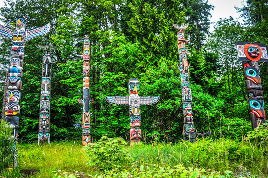 Native Totem Poles In Vancouver, British Columbia, Canada