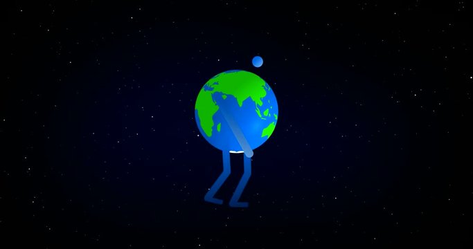 Depressed Planet Earth Cartoon Character in Walk Cycle Animation 4k Rendered Video on Space Background.