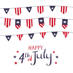 Card design for 4th of July. Buntings in flag symbolics. Vector hand drawn illustration for American Independence Day celebration.