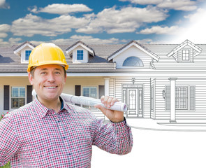 Male Contractor Wearing Hard Hat In Front of House Drawing Gradation Into Photograph.