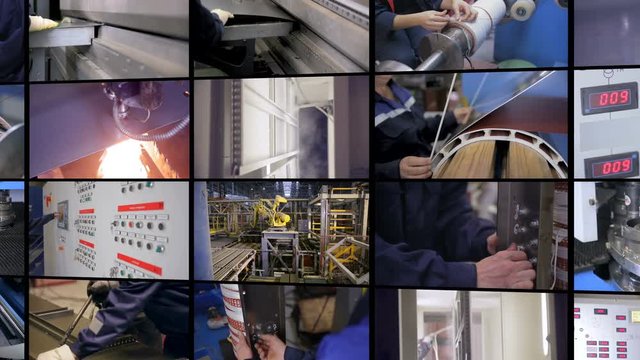 Split- screen collage of industrial high-voltage power transformer production. 4K.