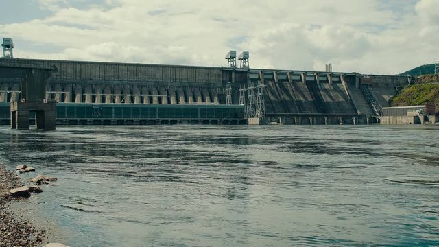 Krasnoyarsk hydroelectric power station. The ninth power plant in the world in size. Built on the mighty Yenisei River.