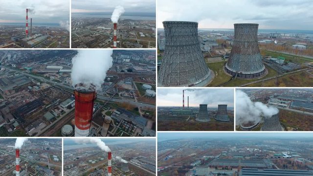 Aerial shot of a coal fire power station. Split screen montage. 4K.