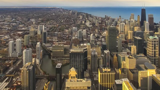 Time lapse beautiful sunset over skyline Chicago at from high above
