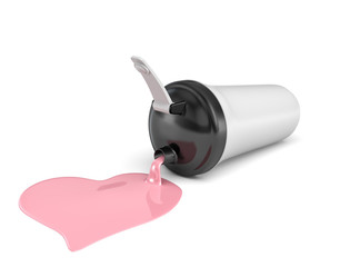 3d rendering of a white shaker with a black cap lying on its side and leaking coctail in heart shape.