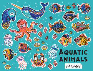 Fototapeta premium Decorative aquatic animals and fishes set. Colorful vector childish patches