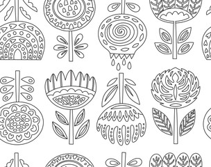 Outline seamless pattern with scandinavian flowers