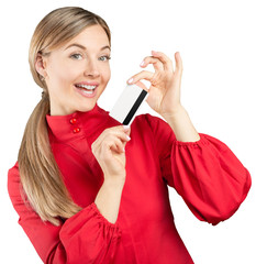 Naklejka premium Happy business woman hold credit card.