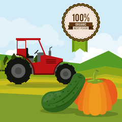 colorful poster of organic best food with tractor in outdoor landscape with cucumber and pumpkin vector illustration