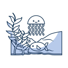 Obraz premium cute jellyfish with fish sealife icon vector illustration design