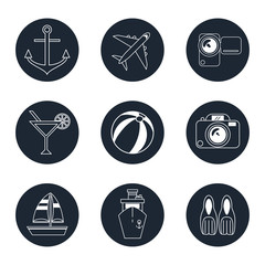 monochrome icons travel set in round frames vector illustration