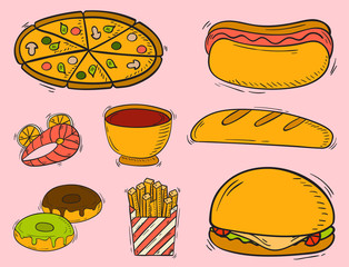 Vector icons fast food hand drawn restaurant breakfast hamburger design kitchen unhealthy dessert
