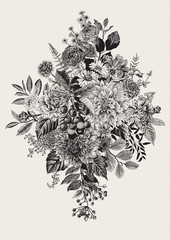 Summer and autumn flowers. Dahlias, Ruscus, Viburnum, Ranunculus. Modern floral vector illustration. 