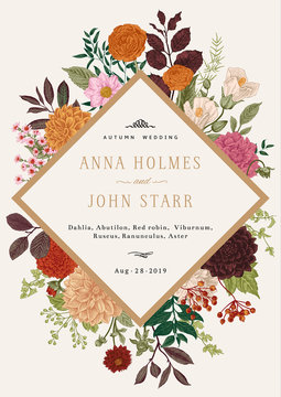 Wedding Invitation. Summer And Autumn Flowers. Dahlias, Ruscus, Viburnum, Ranunculus. Modern Floristics. Vector Illustration. Colorful.