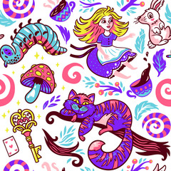 Obraz premium Fairytale background with cute cartoon characters from Alice in wonderland