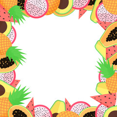 Vector exotic fruit frame with papaya, avocado, pineapple, dragon fruit and watermellon. Usable for cards.