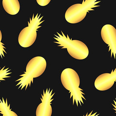 Vector gold pineapple fruit seamless pattern on the black background