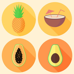 Vector tropical fruit in circles: papaya, avocado, pineapple and coconut. Icon set.