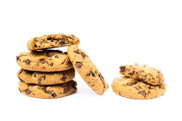 Cookies with chocolate pieces isolated on white background