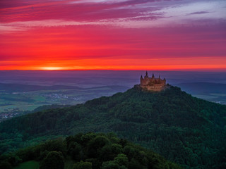 Fototapeta na wymiar Evening mood with sunset near Burg Hohenzollern Castle, Swabian Alb, Baden-Wuerttemberg, Germany, Europe