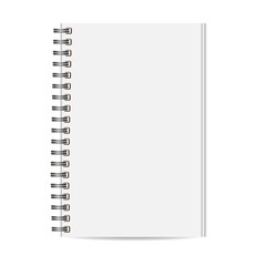 Blank realistic closed spiral notebook isolated on white background. Vertical copybook. Template, mock up of organizer or diary. Vector