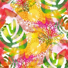 Seamless pattern with leaves and mandalas. Tropical background with watercolor effect. Textile print for bed linen, jacket, package design, fabric and fashion concepts