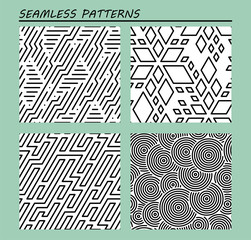 Set of seamless art abstract geometric patterns. Maze, Zigzag, rhombus flower, strips, circles. Black and white vector illustration.