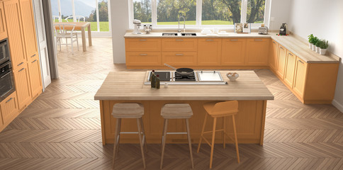 Modern scandinavia kitchen with big windows, panorama classic white and orange interior design