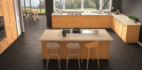 Modern scandinavia kitchen with big windows, panorama classic gray and orange interior design