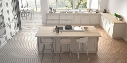 Unfinished project of modern scandinavia kitchen with big panoramic window, sketch abstract interior design