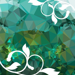 Abstract elegant mosaic backdrop with floral silhouettes. Geometric low polygonal background. Design element for book covers, greeting cards, title backgrounds. Vector clip art.