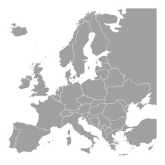 Fototapeta premium Pusta mapa Europy. Uproszczona mapa wektorowa w kolorze szarym z białymi obramowaniami na białym tle.