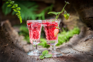 Liqueur made of wild strawberry and alcohol in forest