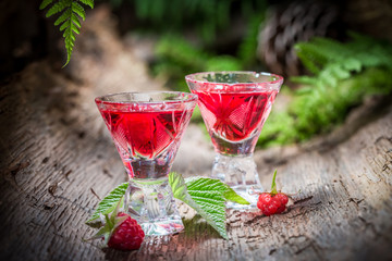 Sweet raspberries liqueur made of alcohol and fruits in forest