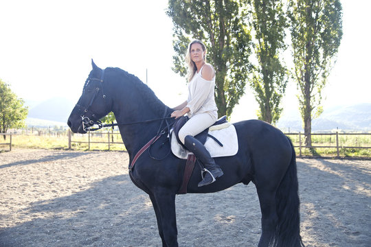 woman on black Friesian horse