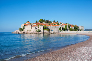 view of Sveti Stefan, small islet and resort in Montenegro. Balkans, Adriatic sea, Europe