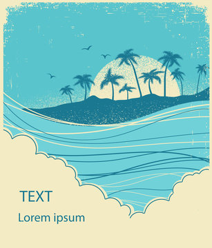 sea waves and island vector vintage graphic illustration of water seascape