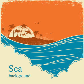 Sea waves.Seascape horizon illustration on old vintage poster