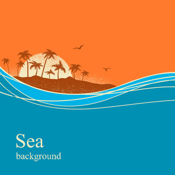 Ocean waves and tropical island.Vector background