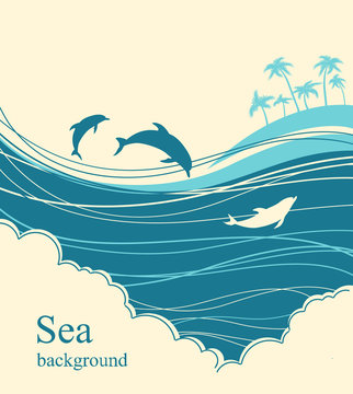 Dolphins in blue sea wave.Seascape illustration horizon