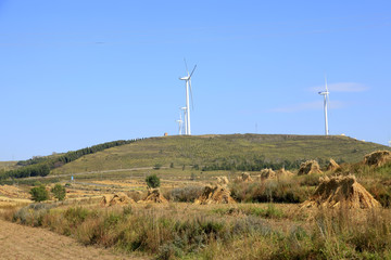 Autumn terraces and wind turbines