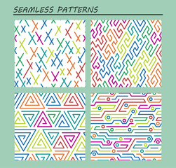 Set of seamless art abstract geometric patterns. Maze, Zigzag, Electric scheme, swirls, crosses. Colorful vector illustration.